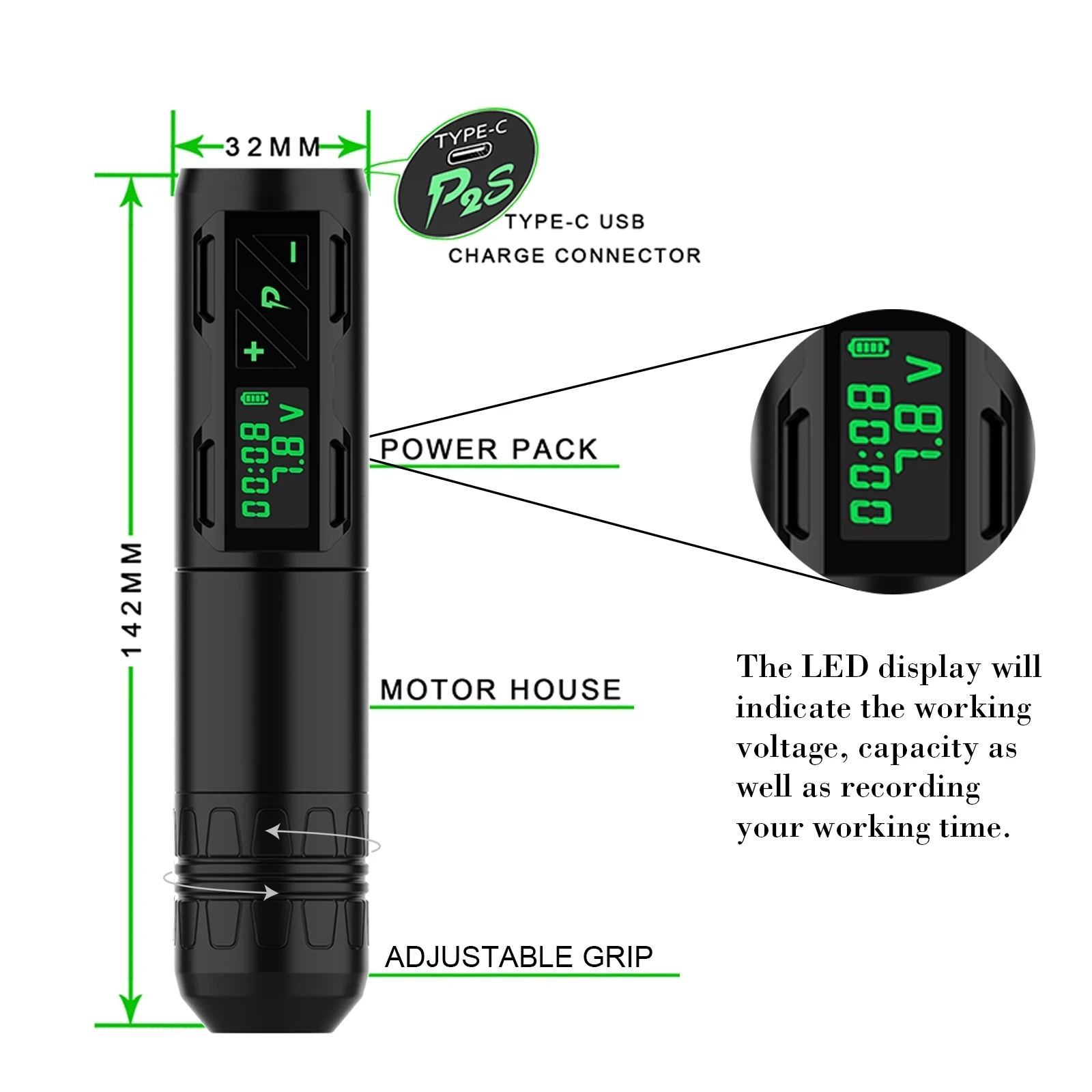 EZ Portex Generation 2S Wireless Battery Tattoo Pen with Portable Power Pack 1800mAh LED Digital Display For Body Art