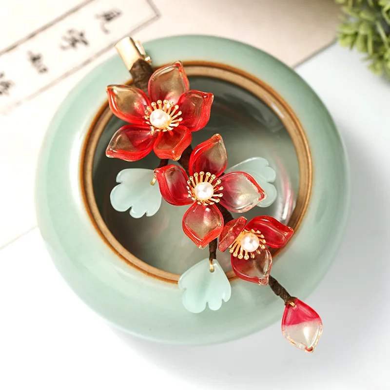 

Red Flower Crystal Pearls Hair Clips Vintage Chinese Style Hairpins Jewelry Hanfu Headpieces Women Girls Elegant Sexy Headwear