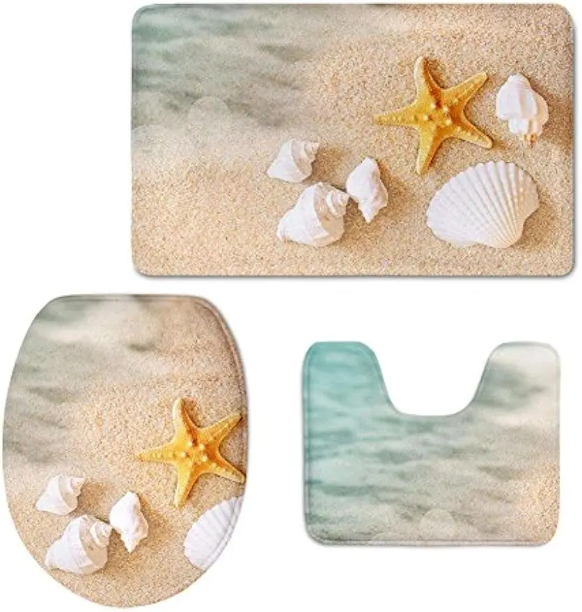 Bath Mat,Beach,Starfish Sea Shell Bathroom Carpet Rug Non-Slip 3 Piece Bathroom Mat Set