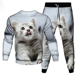 Autumn Animal Cat 3D Print Men's Sportswear Set FashionLong-Sleeved T Shirt Pants 2-Piece Set Oversized Pullover Men Clothing
