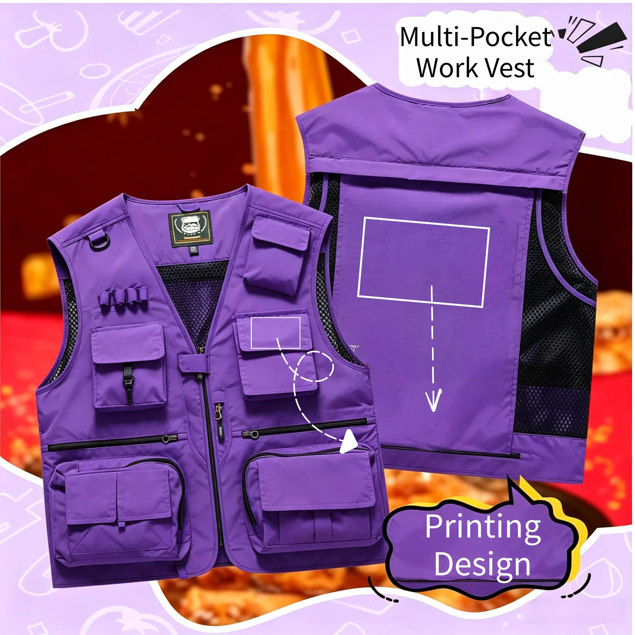 New Men's Multi-Pocket Outdoor Vest, Printed Team Logo Work Jacket, Volunteer Photography, Hiking, Fishing, and Breathable Vest