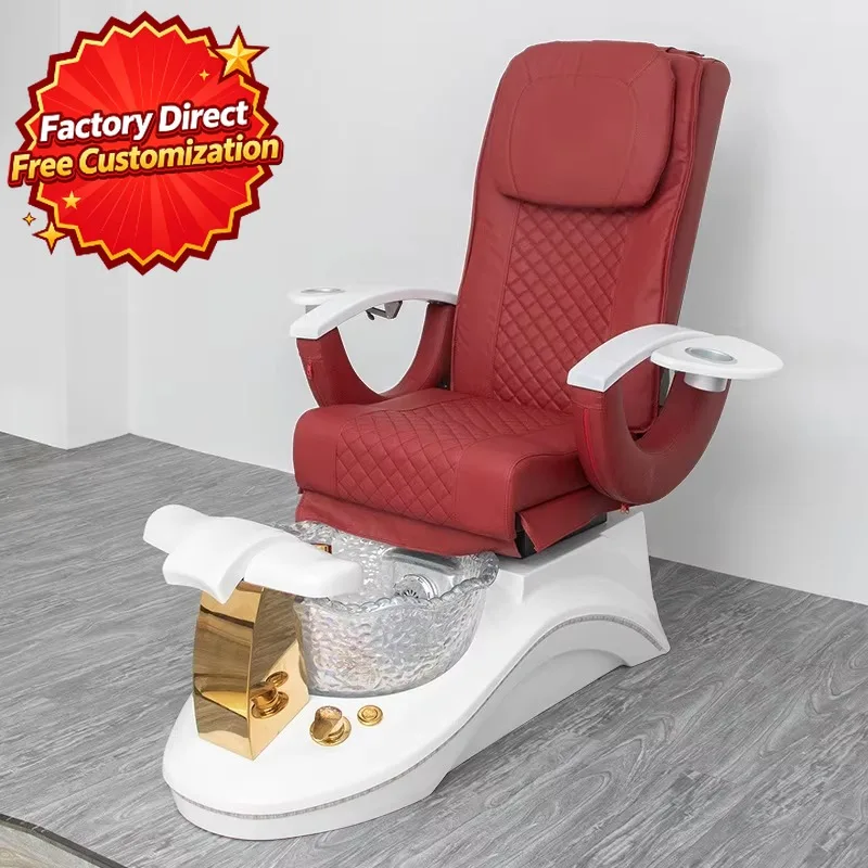 Pedicure Chair for Nail Salon, Burgundy Reclining Foot Spa Chair Crystal Foot Bath, Gold Accents & White Armrest