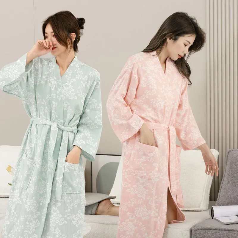 

Women's Sleepwear Cotton Bathrobe Thin Design Spring and Autumn Nine Quarter Sleeve Yukata Absorbent Quick Drying Bathrobe
