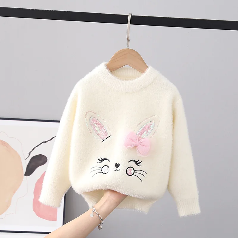 Girls Sweaters Baby Clothes Soft Smooth Flocking Pullover Bunny Bowtie Winter New Rabbit Children Knitted Sweater Child FY10201