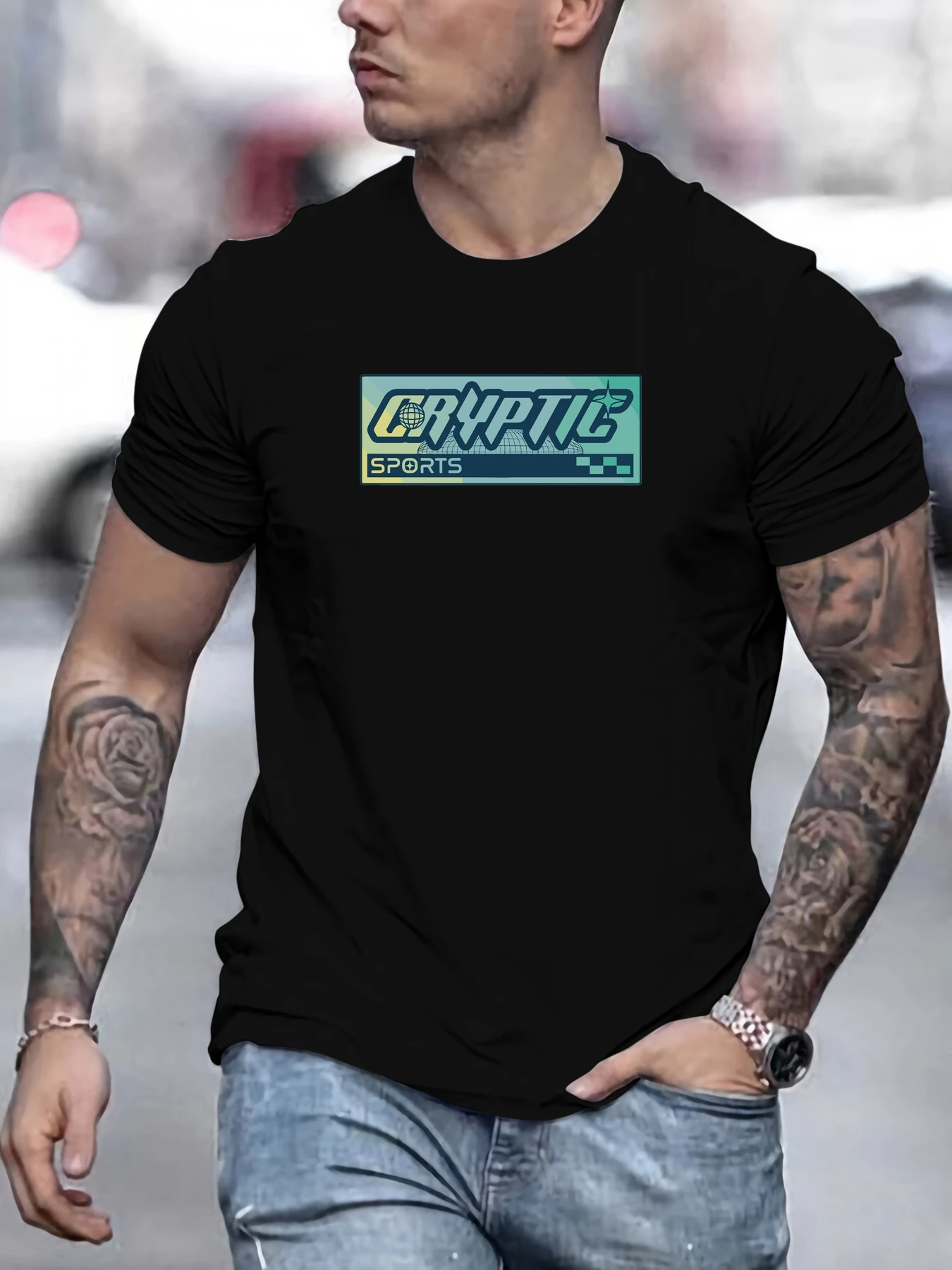 

Men's CRYPTIC SPORTS pattern summer casual crew neck short T-shirt