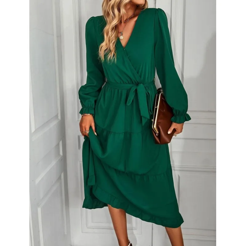 Vestido largo de otoño para mujer, vestido de Color liso con pantalla grande, mangas de burbuja con lazo elegante para mujer, vestido largo de cintura alta con cuello en V