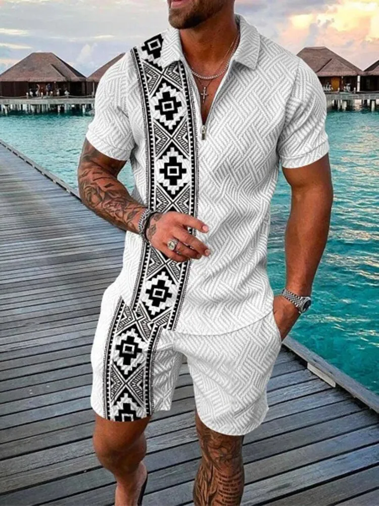 Summer Trend 3D Print Men\'s Tracksuit Set Casual Zipper Polo Shirt and Shorts 2pcs Sets Fashion Boho Geometric Style Man Clothes