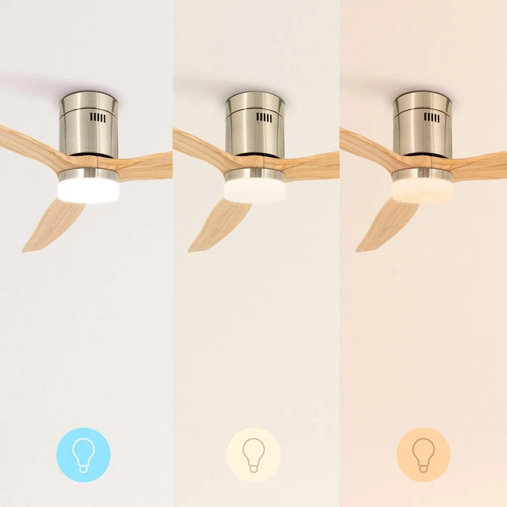 CREATE / WINDCALM/Ventilador de techo con luz nihquel aspas madera claro con Wifi y mando / 40W, Silencioso, Ø132 cm, ABS, 6 velo