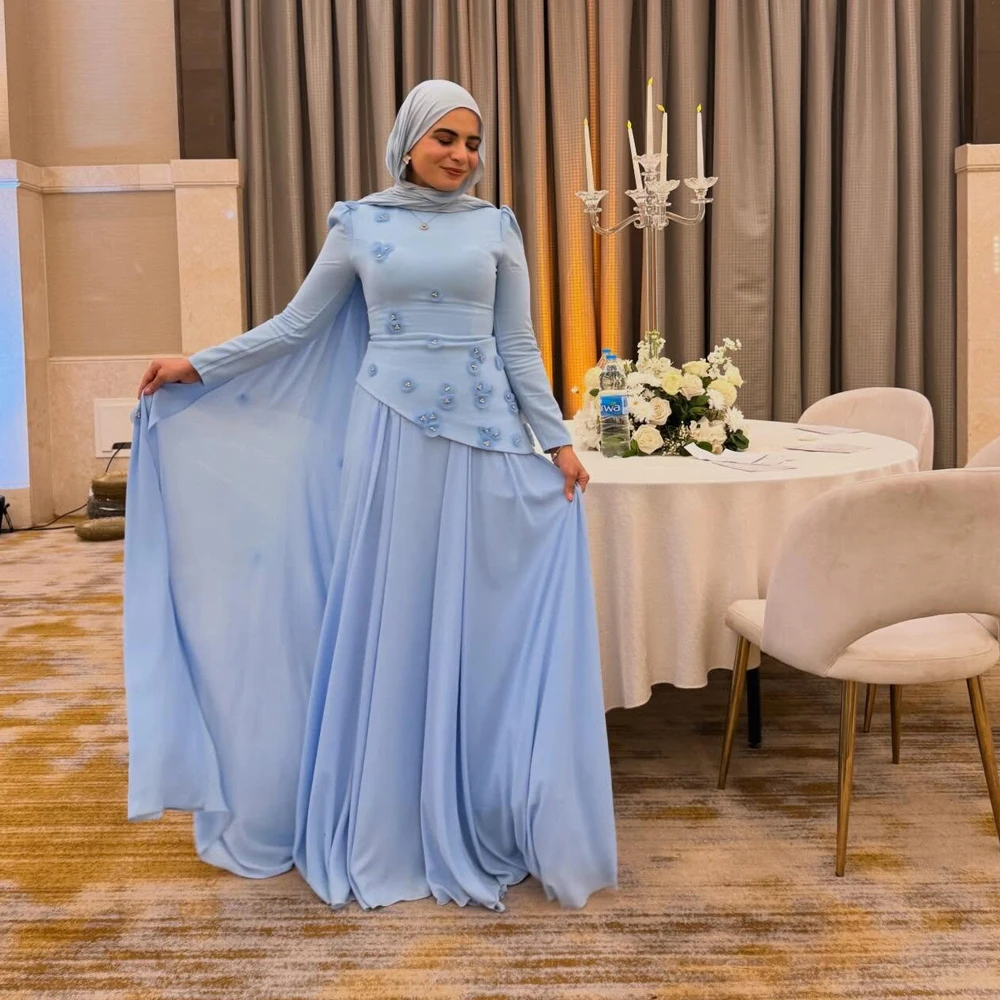 

Синее мусульманское вечернее платье для гостей на свадьбу, с индивидуальным пошивом, круглым вырезом, длинными рукавами, А-силуэта, модное, с цветочным декором, макси-платье