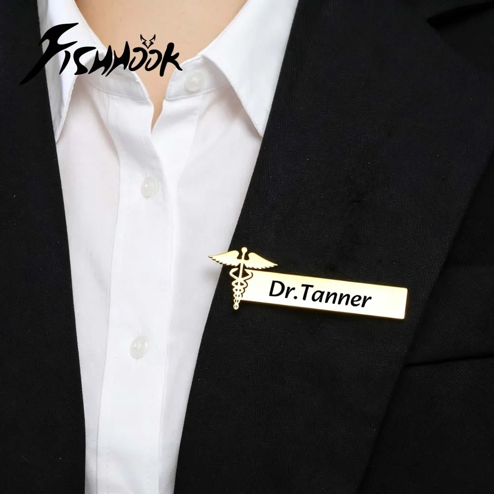 Caduceus Lapel Pin Hospital Doctor Nurse Personalized Brooch Brand Medical Name Tag Custom Badge for Woman Men Stainless Steel