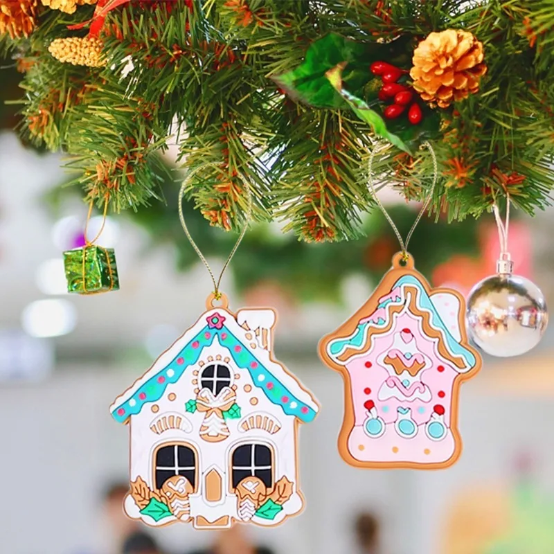 8/16PCS Christmas Tree Ornaments PVC Soft Rubber House Pendants with Hanging Chain DIY Xmas Tree Pink Blue Cartoon House Decors