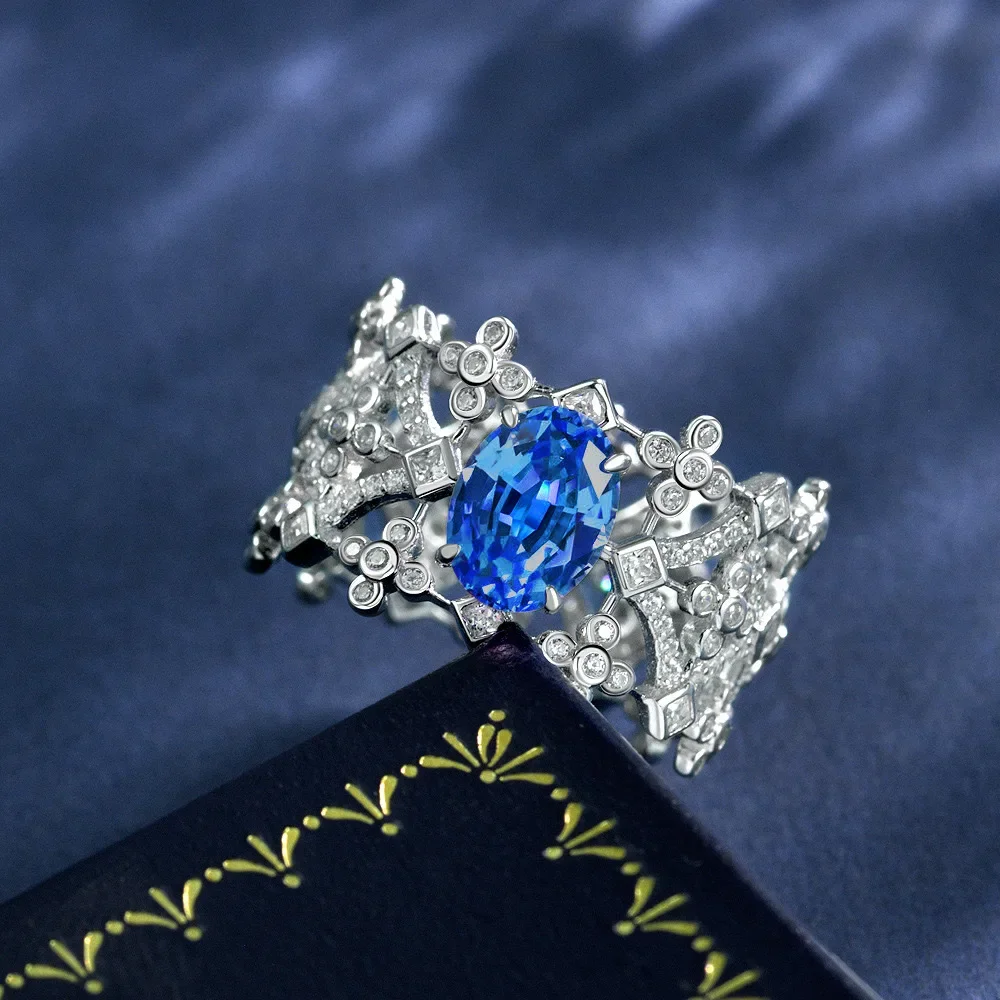 

New S925 silver egg shaped 6 * 8 European and American fashion 2-carat pink cultivated blue treasure ring marry jewelry