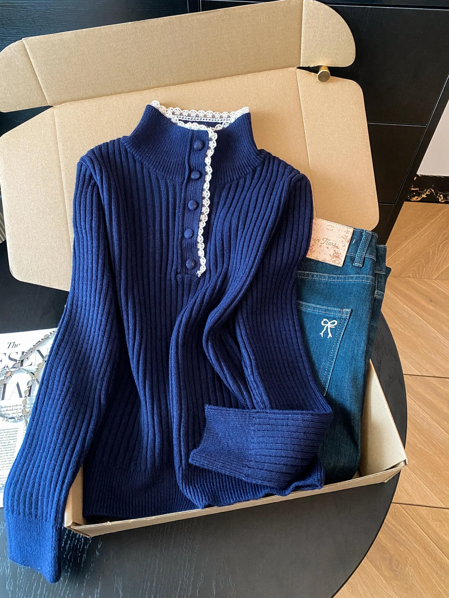 

Ele кружевная отделка, высокий свитер Ne, женский внутренний слой, вязаный длинный свитер све, прямой крой, корейский Sle для поездок на работу