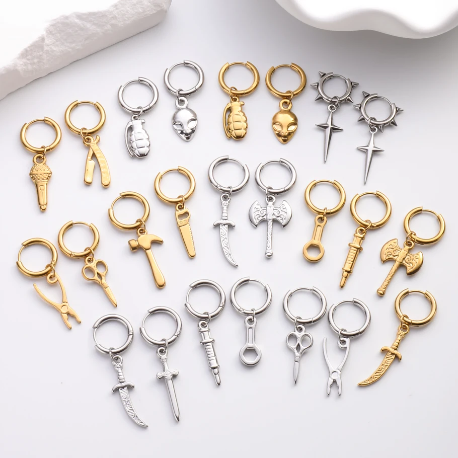 1Pair Hip Hop Scissors Wrench Hammer Asymmetric Men Hoop Earrings Punk Rock Halloween Axe Sword Cross Ear Aretes mujer Jewelry