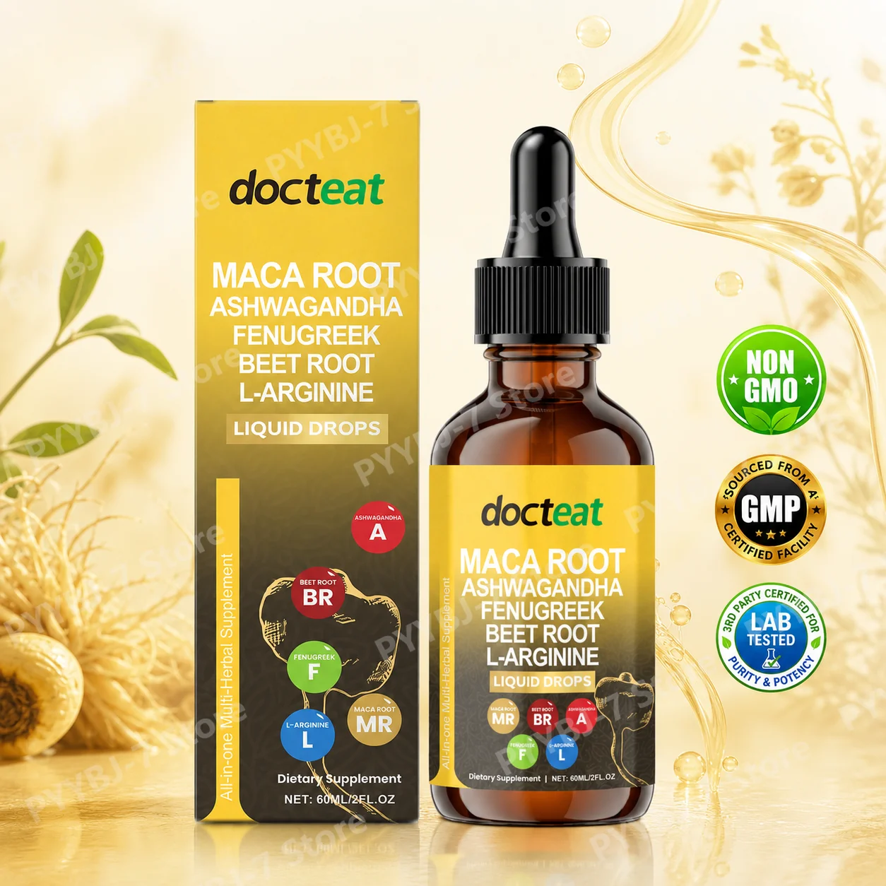 Organic Maca Root Liquid Drops with Ashwagandha Fenugreek Beetroot L-Arginine Vitamin B1 Recovery Support 60ml