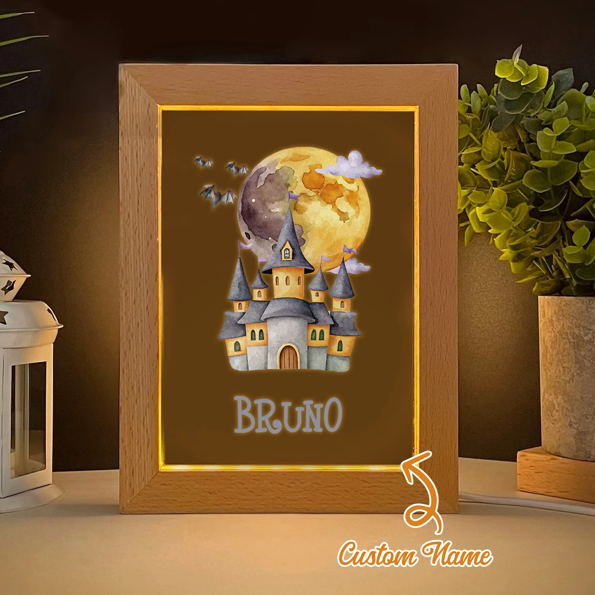 

2D Flat Custom Name Bat Castle LED Acrylic Night Light Wood Photo Frame 21x17cm Halloween Bedroom Gifts Home Decoration