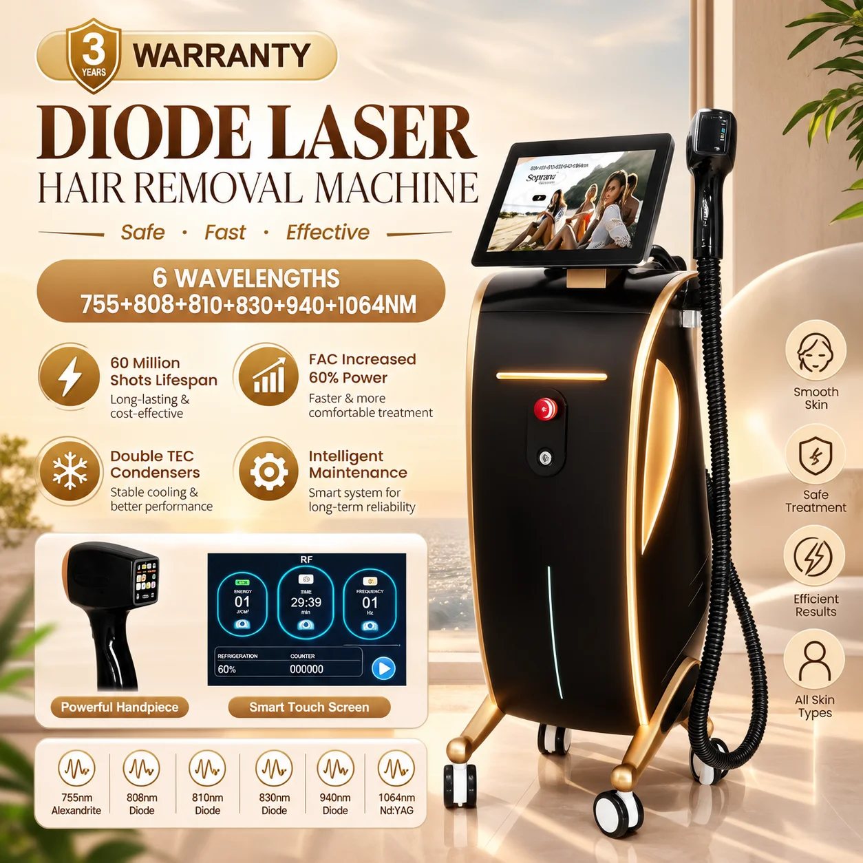 Multifunctional Laser Beauty Machine 3 in1 Diode Permanent Hair Remover Picosecond Tattoo Removal Skin Hair Analysis System