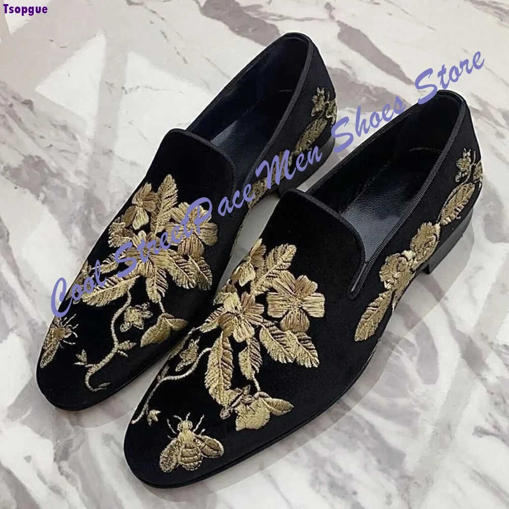 Luxury Floral Embroidered Men Loafers Black Color Velvet Slip On Pointed Toe Flat with Shallow Wedding Formal Dress Shoes