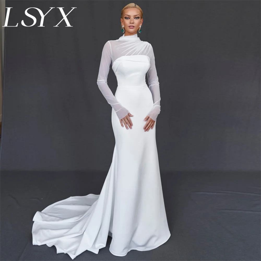 

LSYX High Neck Long Sleeves Pleats Crepe Mermaid Wedding Dress For Women Illusion Zipper Back Court Train Bridal Gown