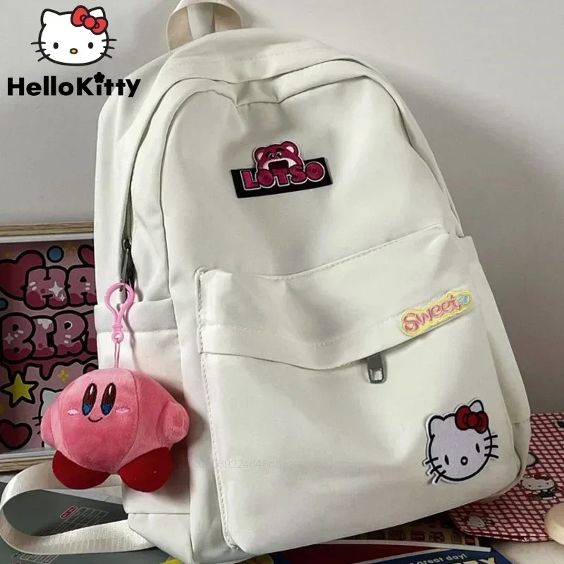 

Kawaii Sanrio Hello Kitty Backpack Nylon Women's Cartoon Fashion Large Capacity SchoolBag White Casual Travel Bags with Pendant