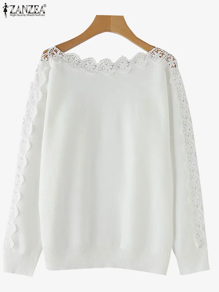 ZANZEA 2025 Herfst Vrouwen Truien Vintage Effen Truien Mode Elegante Jumpers Boothals Casual Patchwork Kant Tops Oversize
