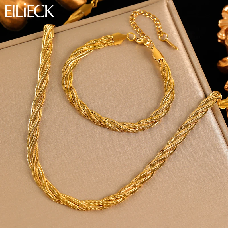 Image of EILIECK 316L Edelstahl Metall Kreuz Gewebte Kette Halskette Armband Set Für Frauen Mode-Statement Wasserdicht Schmuck Geschenk