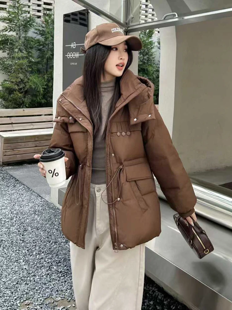 

Winter Warm Drawstring Hooded Down Jacket Female Big Pocket Zipper Jacket Women White Duck Down Fluffy Waterproof Parker Outwear