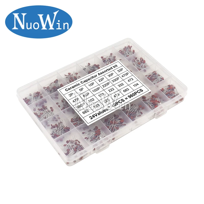 

960PCS Ceramic Capacitor Assortment Kit 50V 24Values*40pcs 2pF-0.1uF Capacitance Set DIY Pack