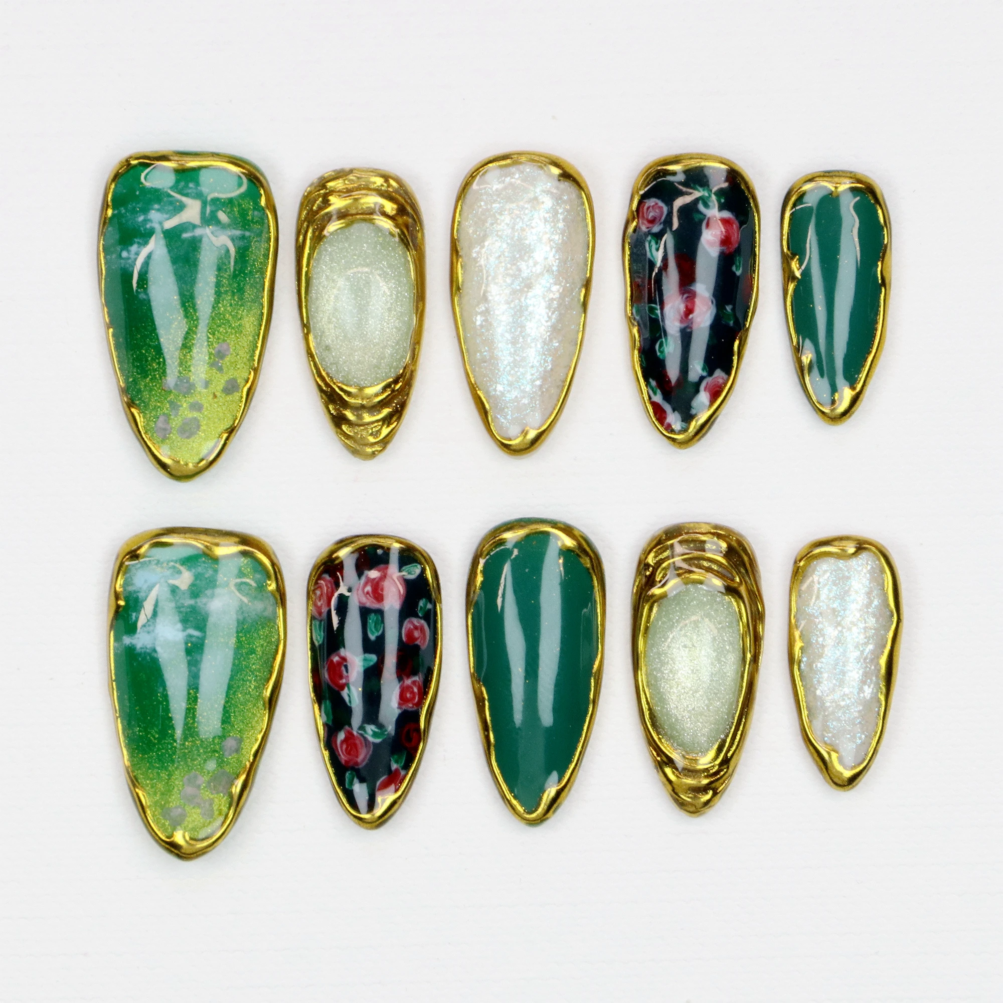 10 pezzi 3D Press Manicure Unghie finte di mandorla media Unico 3D Nuovo taglio dipinto a mano Stampa sulle unghie Design con set di lime per unghie adesive