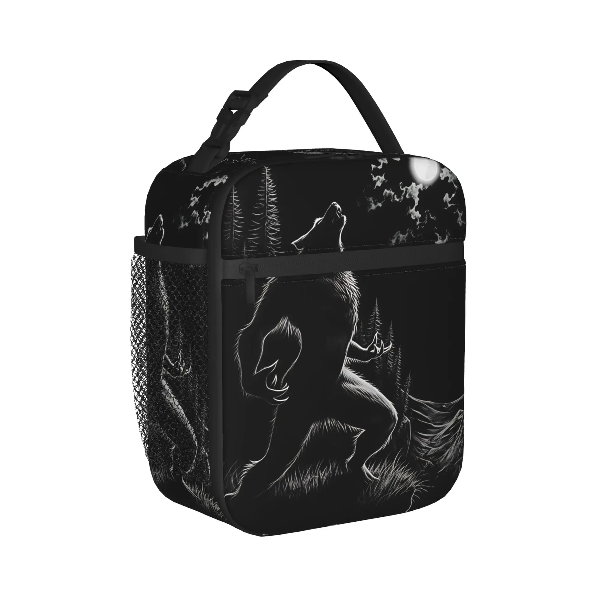 Werewolf Howling Night Forest Lunch Bag Wolf Lunch Box For Office Portable Zipper Cooler Bag Oxford Thermal Tote Handbags