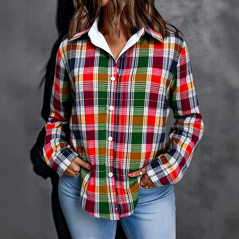 

Mia Muse Select Autumn Shirts 2025 Women's Retro Vintage Plaid Shirt Collar Long Sleeve Fitting Slim Streetwear Shirts