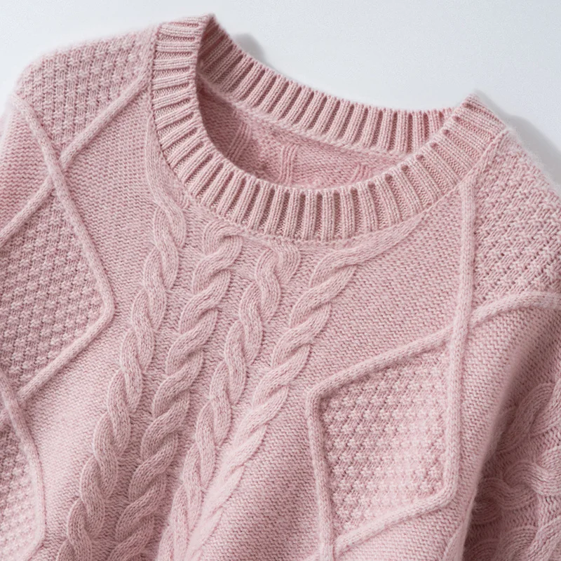 

Medium Style Thick Exquisite Women's O-Neck Casual100% Cashmere Knitted Pullovers Soft Warm Cable Stitch Chic Sweater Basic Tops