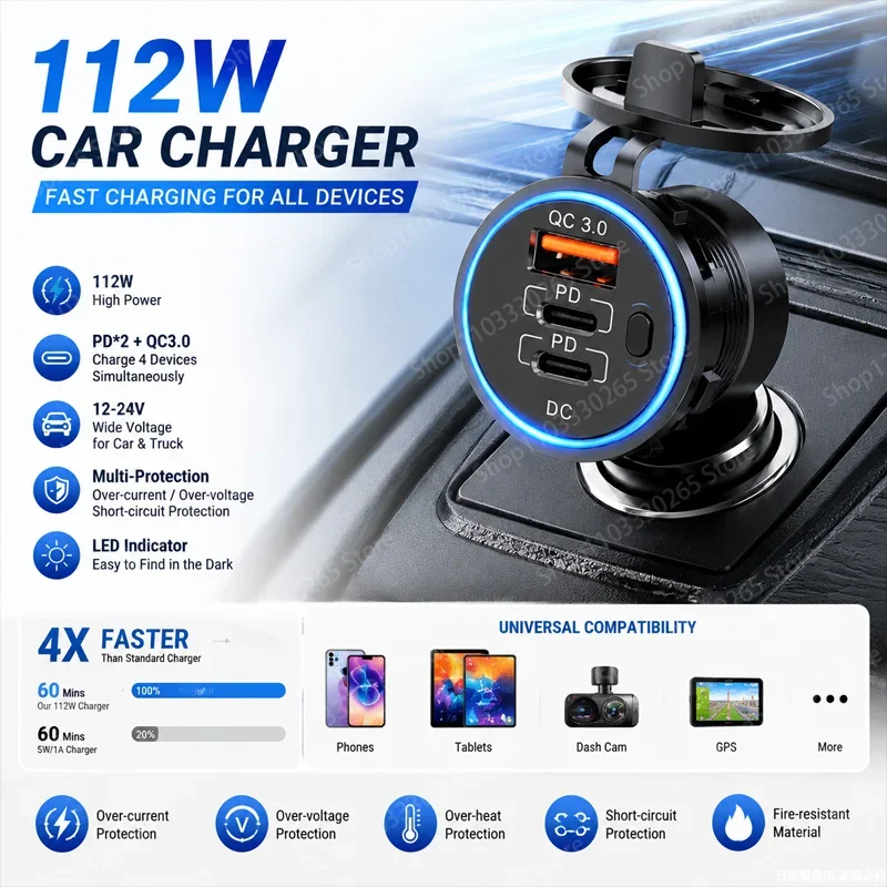 3 Port 112W Auto Charger Socket Dual PD QC3.0 LED Ring Fast Charging Multi Protection Vehicle Power Supply Adapter