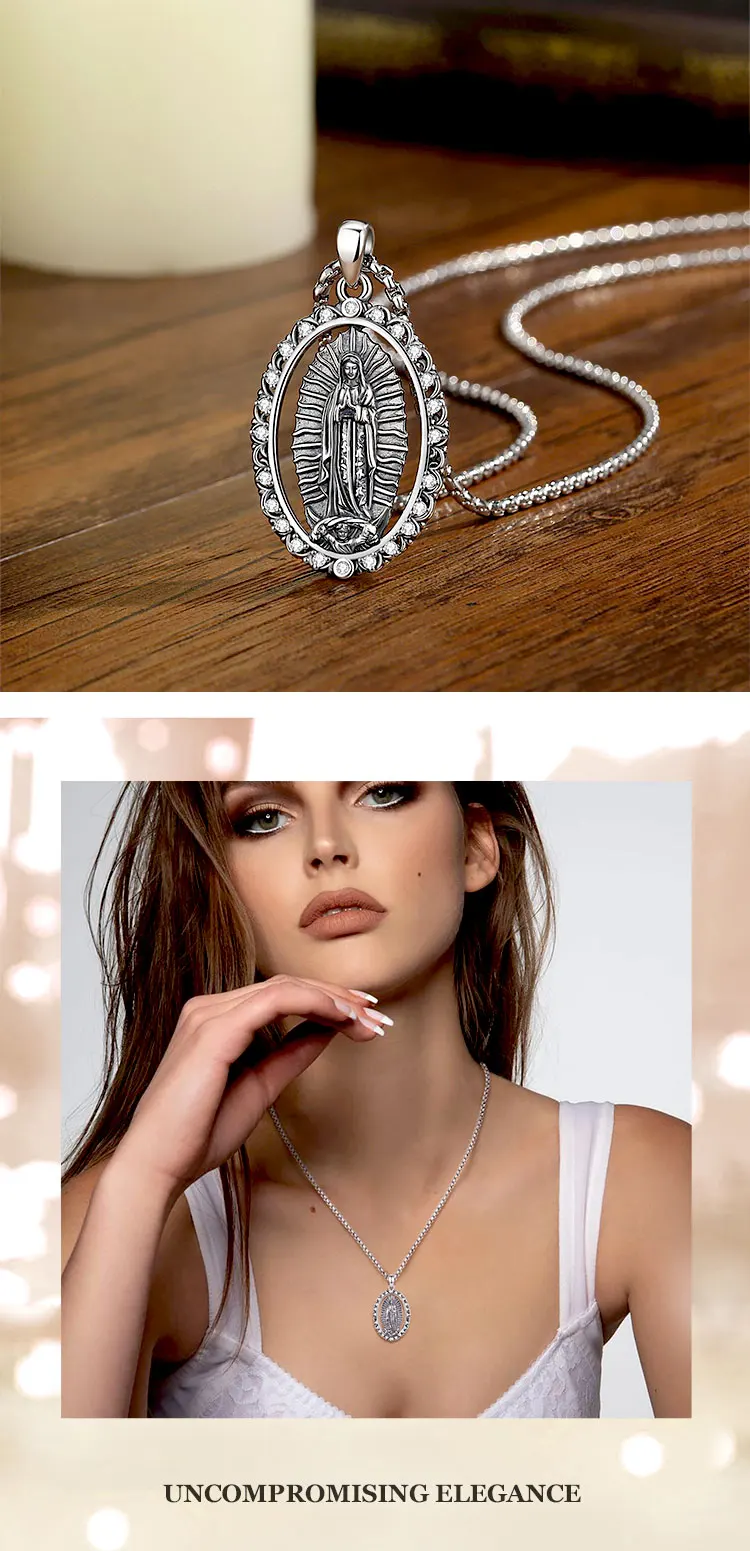 Eudora Jungfrau Maria Halskette Silberbeschichtetes Kupfer Unsere Liebe Frau von Guadalupe Anhänger Kubischer Zirkonia Religiöser Schmuck für Frauen und Männer – Detail 5