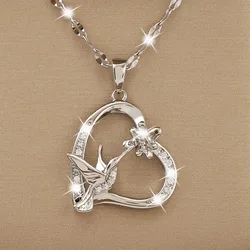 Colgante de corazón de amor de circón blanco para mujer, collares únicos de flores de colibrí, cadena de Color plateado de moda, accesorio de joyería de animales