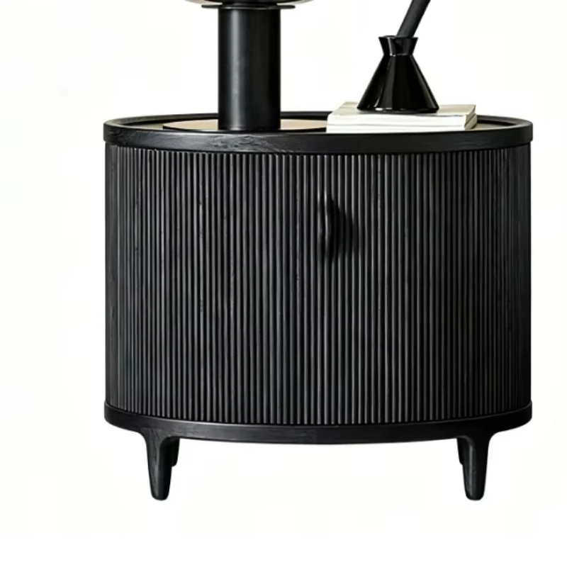 Medieval style round single bed side table with groove details, black wood bedroom furniture with storage space