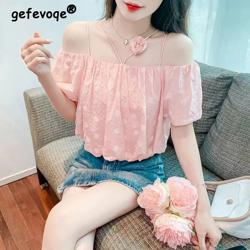 Women Sexy Off Shoulder Backless 3D Flower Blouses Summer Elegant Pink Sweet Short Sleeve Shirts Female Casual Slim Fairy Tops