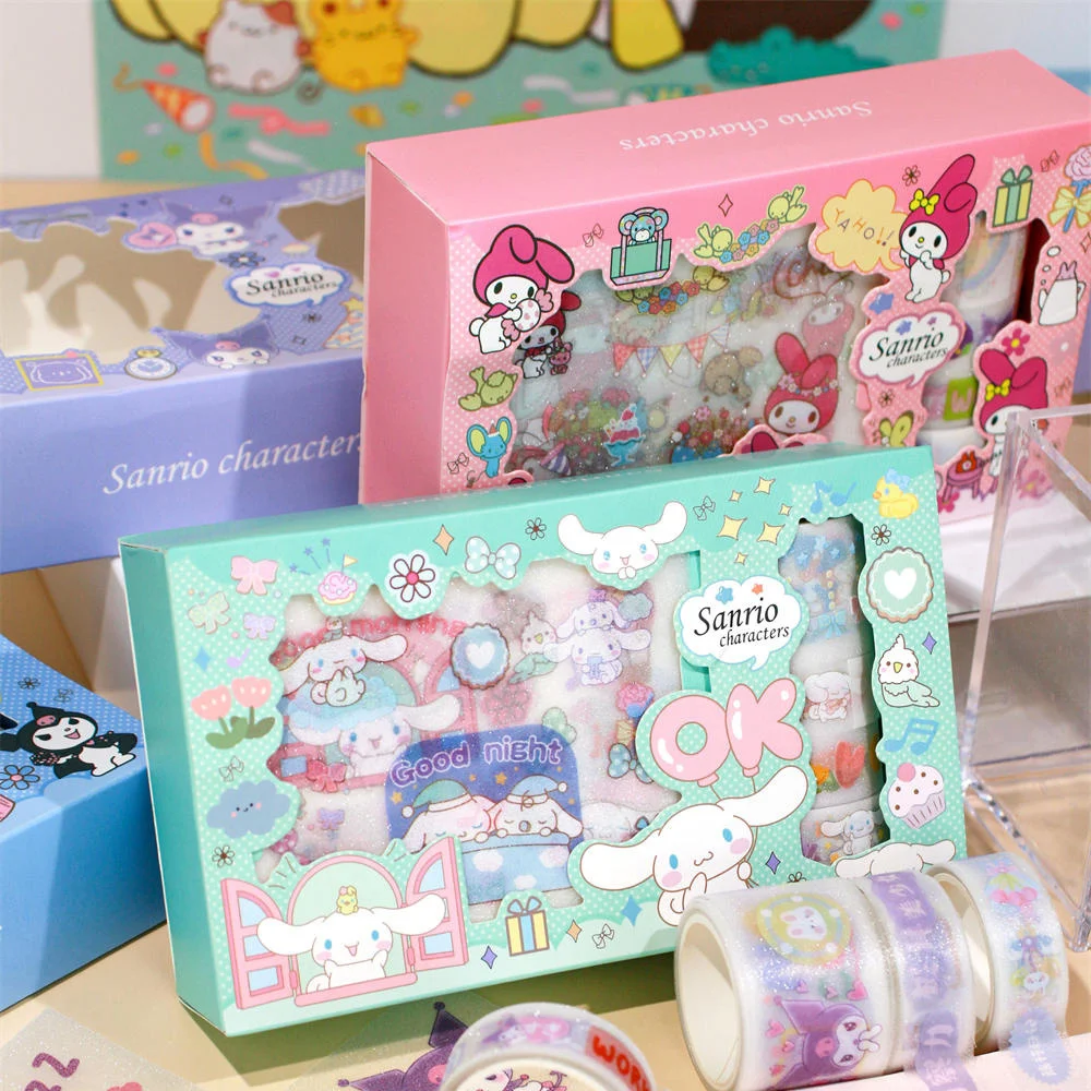 Sanrio Stickers Gift Box Set Kuromi Cinnamoroll Melody Cartoon Hand Account Books Guka Decoration DIY Sticker Girls Kids Toys