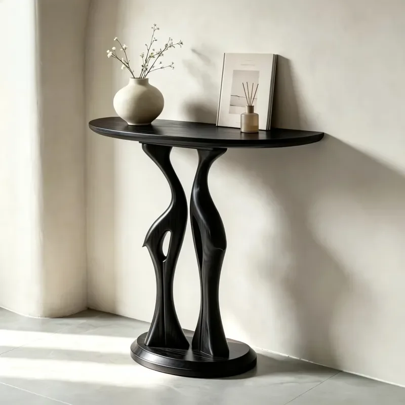 Light luxury solid wood entrance table art double crane carving semi-round entry against the wall corridor aisle opposite the