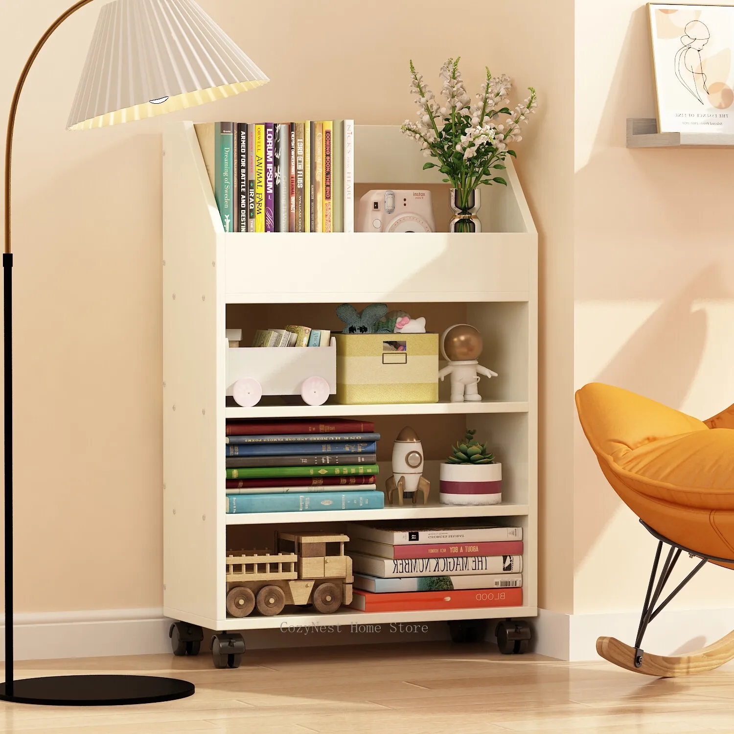 Wooden Mobile Bookshelf with Casters, Side Storage Rack for Desk, Under-Table Book & File Organizer