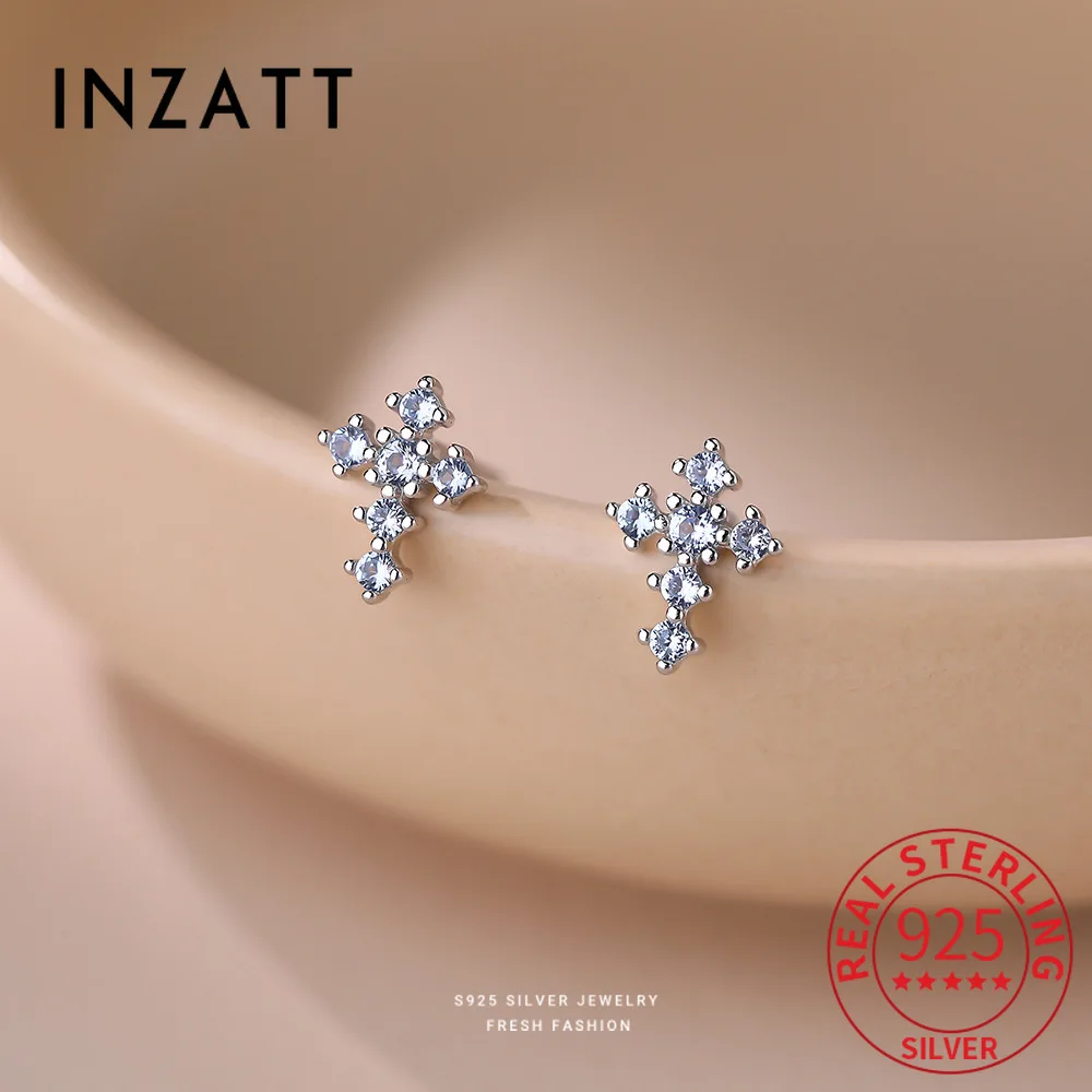 

INZATT Real 925 Sterling Silver Zircon Cross Stud Earrings for Women Cute Fine Jewelry Light Luxury Advanced Accessories