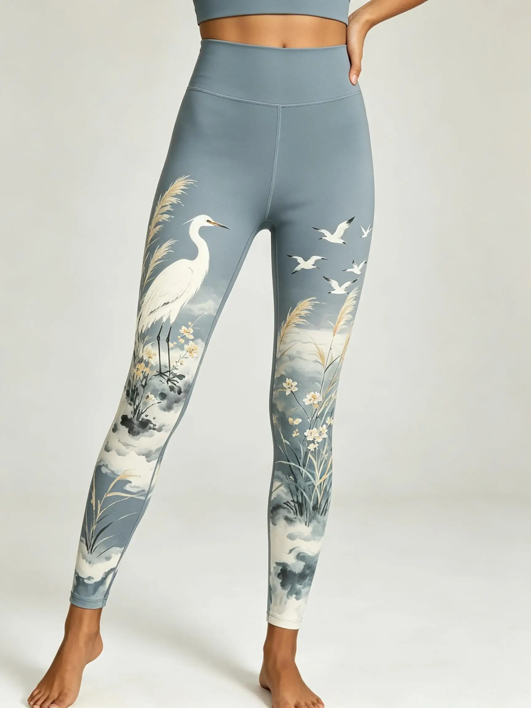 Women Fleece‑lined Mid‑rise Leggings Oriental Ink Wash Egret Reed Bird Floral Landscape Side‑leg Print Slim Stretch Casual Pants