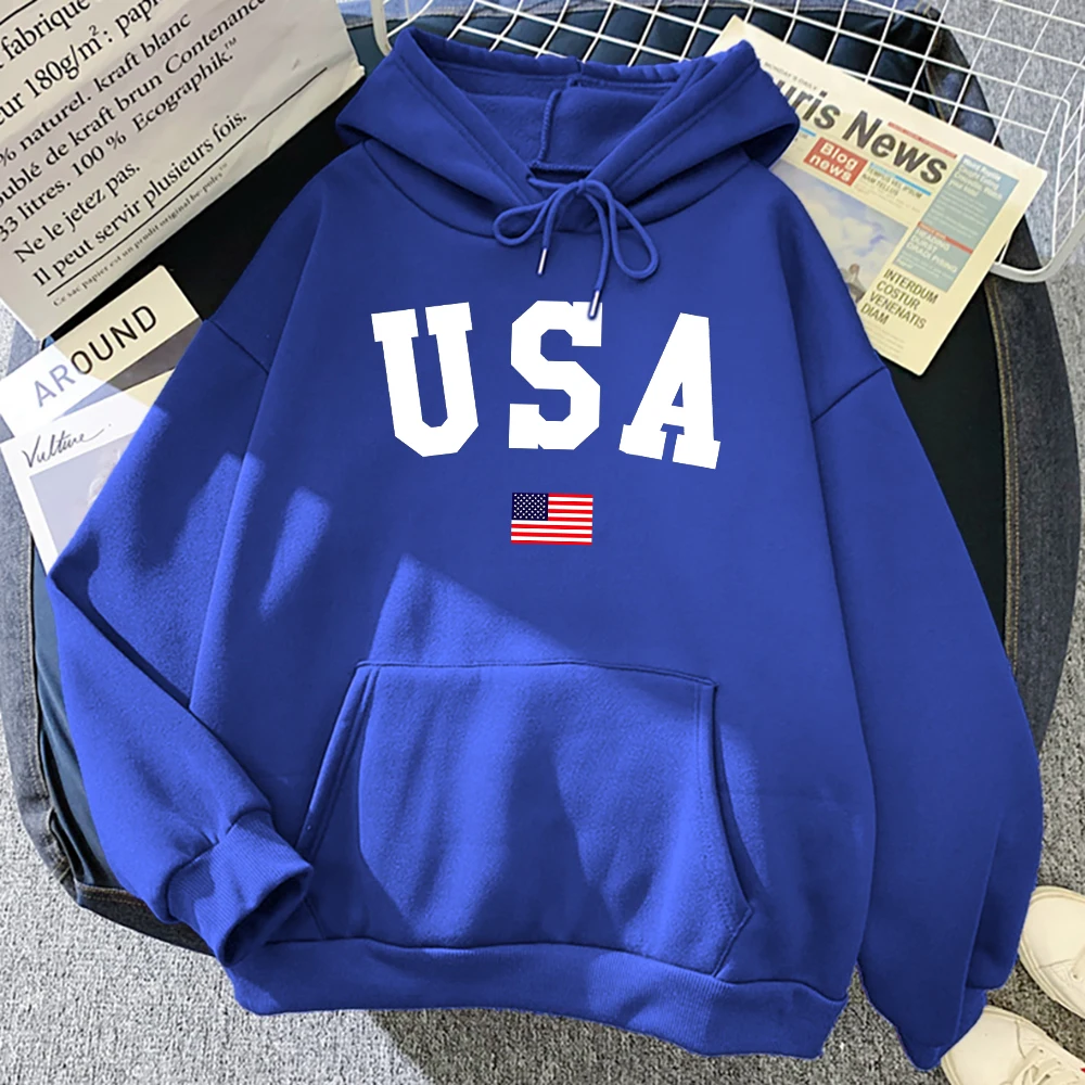 Usa American Flag Patriotic Print Print Hoodies Mens Pocket Autumn Clothes Crewneck Loose Streetwear Fleece Warm Mans Clothing