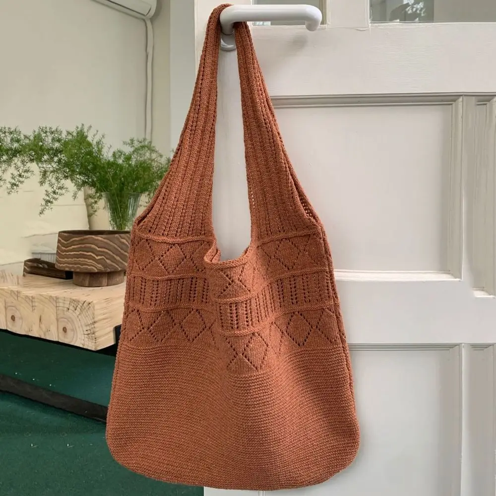 Simple Hollow Knitted Handbag Solid Color Shopping Bag Crochet Tote Bag Storage Bag Large Capacity Love Shoulder Bag Outdoor