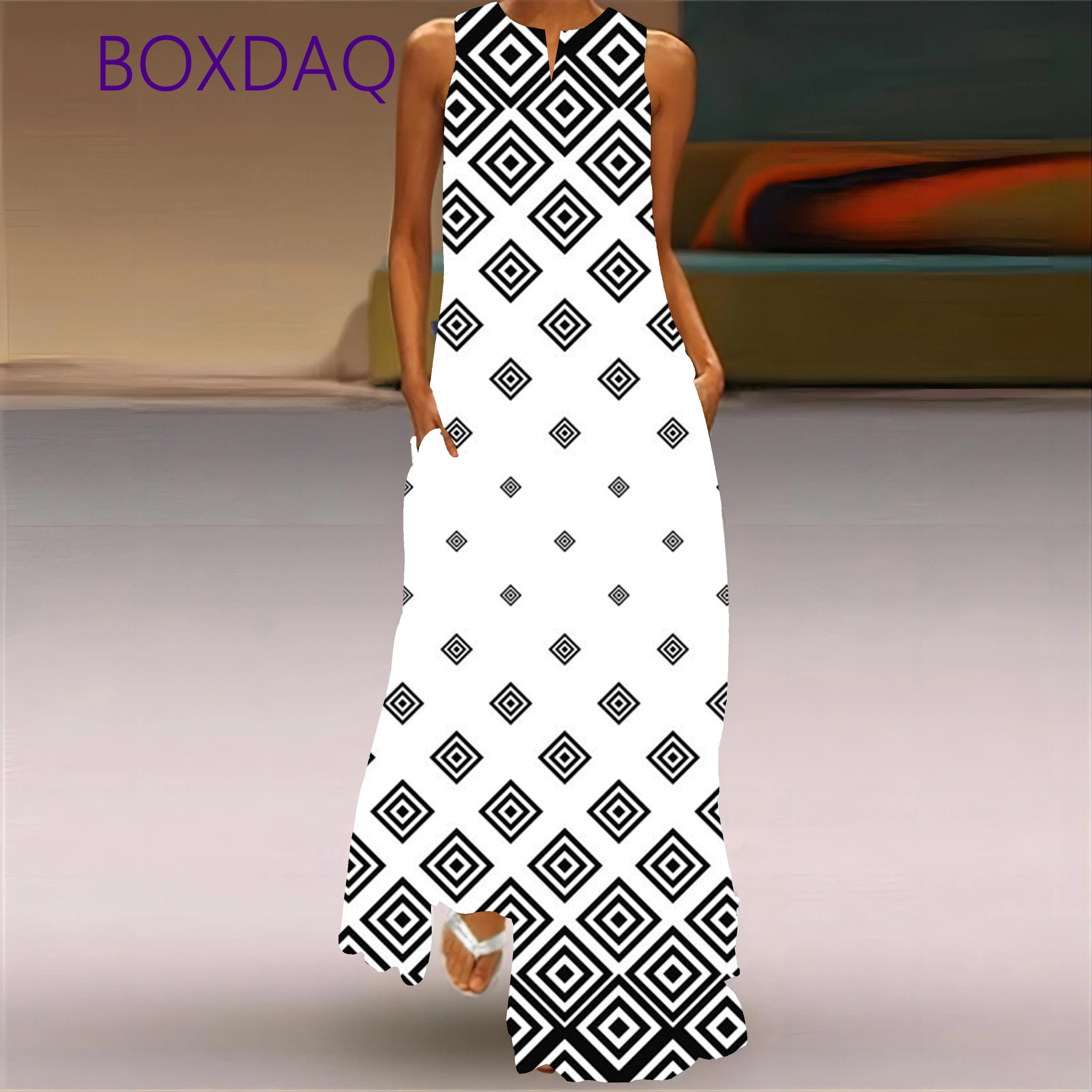 2025 Spring Autumn Vintage 3D Printed Long Dresses For Women Fashion V-neck Design Loose Sleeveless Dress Casual Vestidos Female