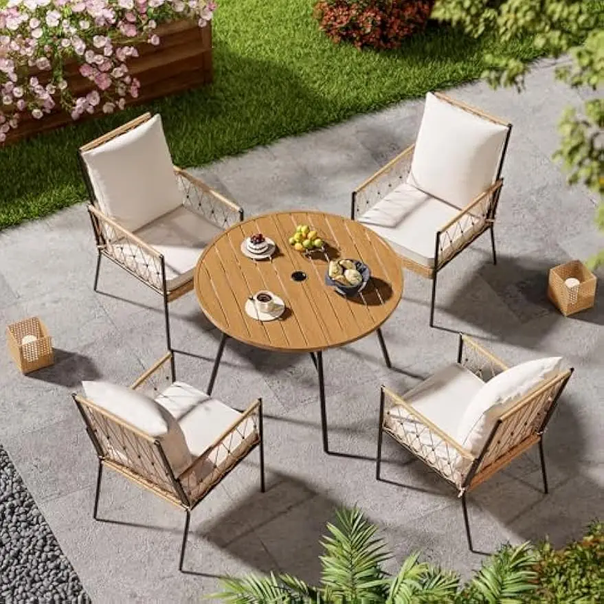 Outdoor Patio Dining Table and Chairs Set, 5 Pieces PE Rattan Patio Furniture Set with Cushion and Umbrella Hole, Wicker Patio