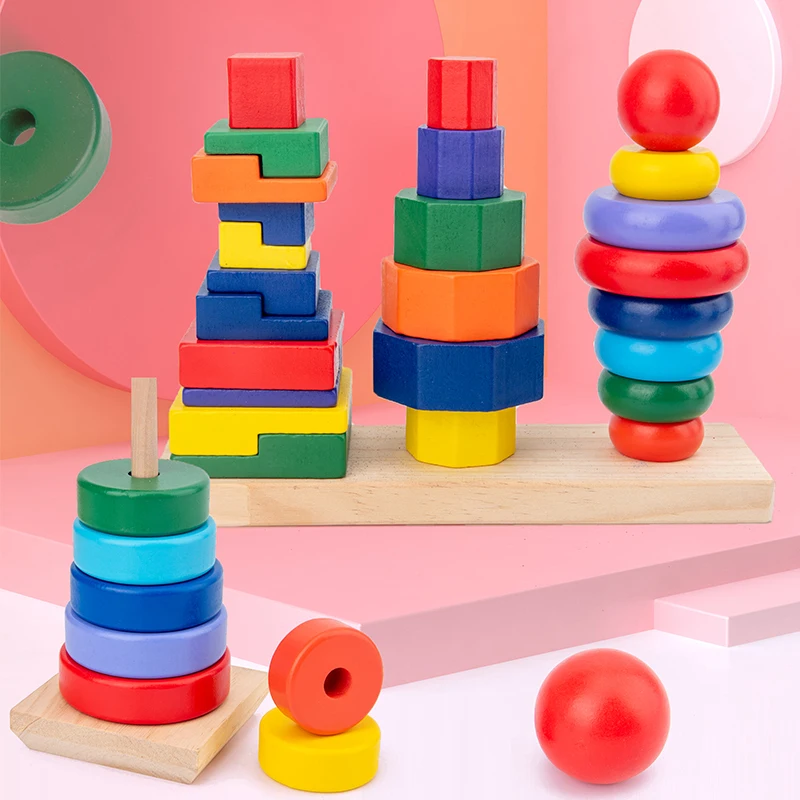 Blocchi di costruzione colorati in legno Giocattolo impilabile Blocchi di diverse forme Bambini Costruisci e impilare per imparare le forme - Super divertente