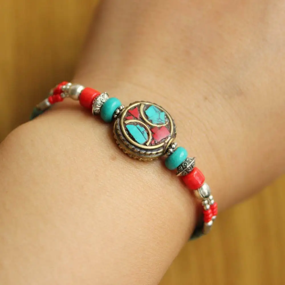 

BR500 Ethnic Tibetan Colorful Stone Turquoises Natural Beads 3 Rows Beaded Bracelet For Woman