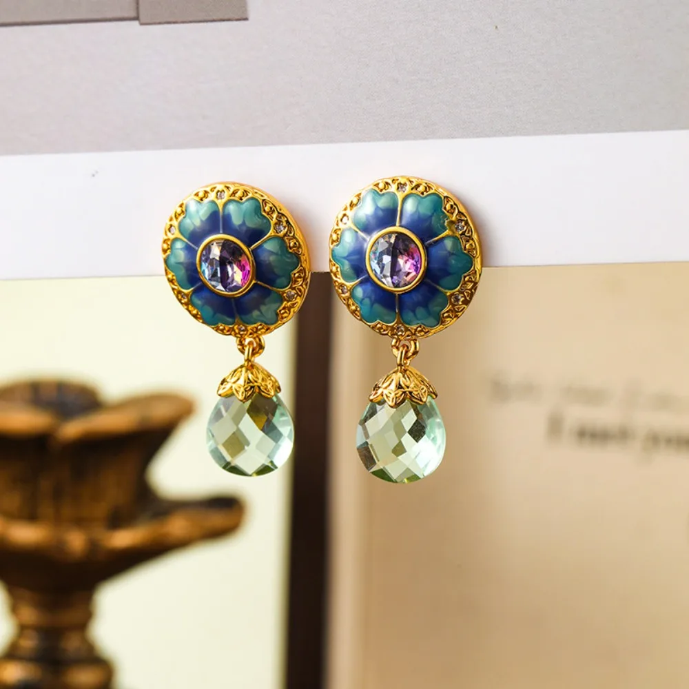 

2025 Autumn Winter New Medieval Palace Style Blue Flower Drop Oil Enamel Earrings Tassel Earrings for Women Niche High-end Sense