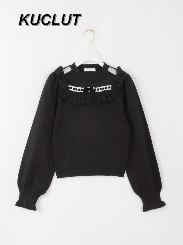 Jersey de estilo japonés con cuello con volantes, suéter con mangas abullonadas, Top ajustado de manga larga, suéteres de punto para Otoño e Invierno para mujer